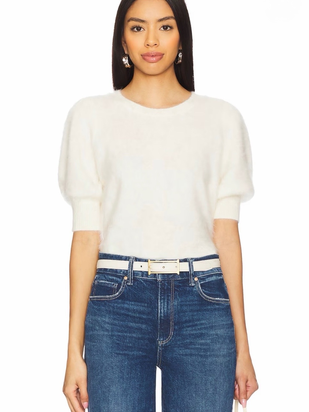 PAIGE Gladiolus Cashmere Puff Sleeve Fuzzy Short Sleeve Sweater Top Ivory Medium